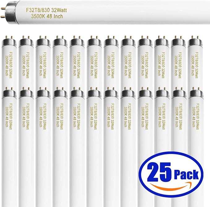 amgolibi F32T8/830 T8 32 Watt Fluorescent Tube 48 Inch, FO32/835/ECO 3500K Soft White, 4 Foot Fluorescent Light Bulb, 2950 Lumen, F32T8/TL935/ALTO, G13 Medium Bi-Pin Base, 25 Pack