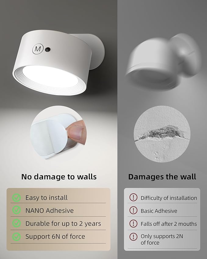 LED Wall Mounted Lights, Rechargeable Wall Sconces with Remote & Touch Control, 3 Color Temperatures 360° Rotation Dimmable Cordless Wall Light for Bedroom Study Reading Bedside (White, 3 Pack)