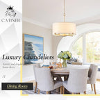 Modern Drum Chandelier 18” White and Gold Pendant Light Fixture Round Fabric Shade 4 Lights Semi Flush Mount Hanging Ceiling Chandelier for Dining Room Bedroom