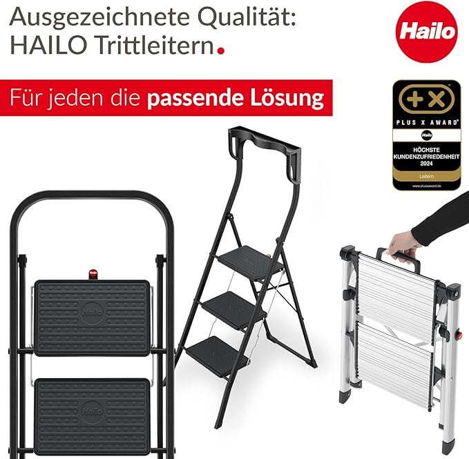 HAILO K70 StandardLine 2-Step Ladder – Foldable Steel Step Stool with Safety Lock, Wide Non-Slip Mats, 330 lb Capacity, Compact Storage, Carry Handle, Stable for Home, Kitchen, Office – Silver