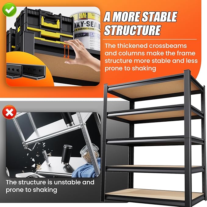 72" H*36'' Garage Shelving Storage Shelves,2500lbs Heavy Duty Shelving, Adjustable Garage Shelves, Easy to Install Metal Shelf Wood Shelving Unit, Storage Shelf for Basement Warehouse