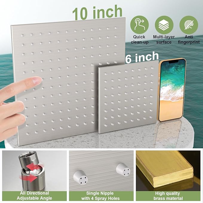 Enga 10 Inch + Dual 6-Inch Rain Shower System, Four Modes Diverter Shower Faucet with Handheld, Luxury Rain Mixer Shower Combo Set, Brushed Nickel