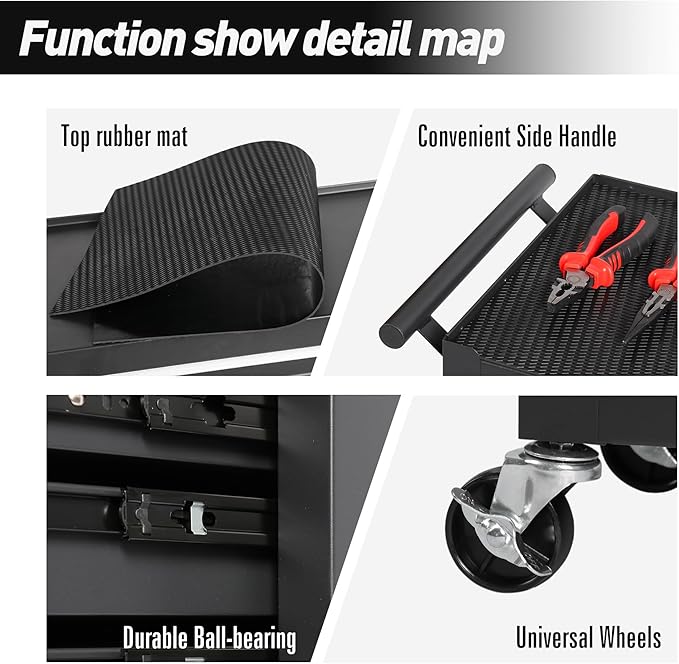 4 Drawers Metal Rolling Tool Chest on Wheels with Lockers, Tool Box Tool Trolley Organizer Cart, Multifunctional Drawers Rolling Storage Tool Case for Garage, Repair Shop(BLACK)