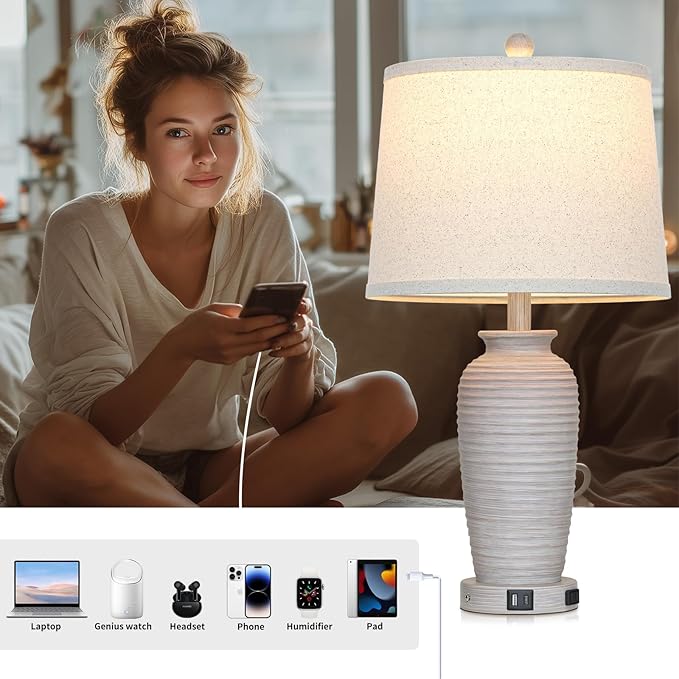 25" Vintage Farmhouse Jar Table Lamps, Single Rustic Bedside Lamp with USB A+C Ports & AC Outlet, Nightstand Lamps for Living Room, Bedroom, End Table, Grey White(LED Bulb Included)