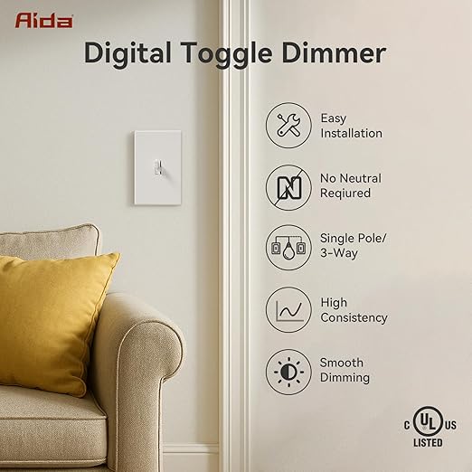 AIDA Digital Toggle Dimmer Switch for Dimmable LED, CFL & Incandescent Bulbs, Single Pole/3-Way, Screwless Wall Plate Included, UL Listed, No Neutral Wire Needed, Matte White (2 Pack)