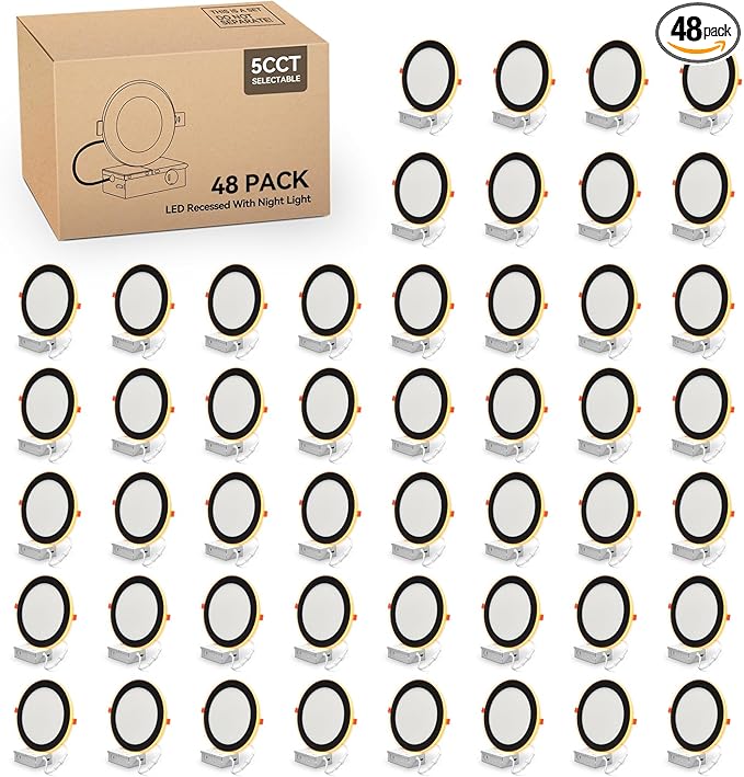 48 Pack Black 6 Inch Led Recessed Lights with Night Light, Canless Ultra Thin Wafer Soffit Recessed Lighting Downlight, Dimmable & 5 Color Temperature Selectable, 12W, ETL