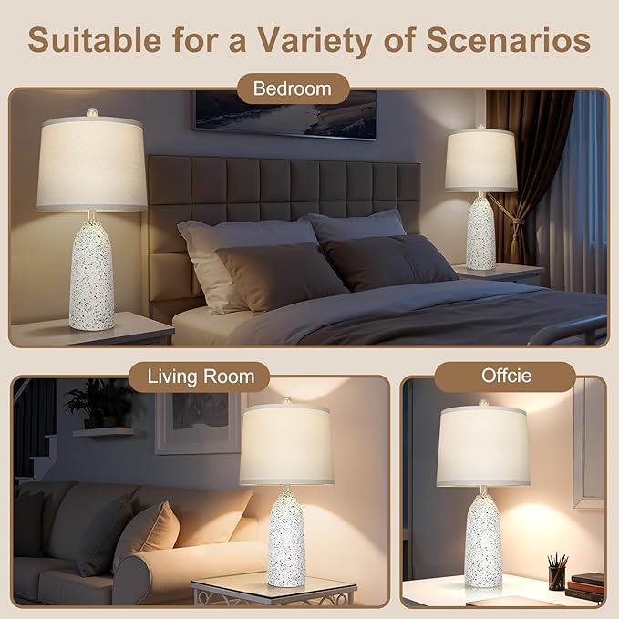 22.5" Faux Stone Table Lamps Set of 2, Farmhouse Lamps for Bedroom with Linen Shade, Rotary Switch Bedside Lamps with 3-Way Dimmable Bulb for Living Room Nightstand Home Decor(Bulb Included)