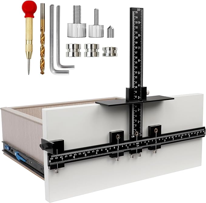 Cabinet Hardware Jig Tool - Adjustable Drill Template for Handles & Pulls on Drawers/Doors | All Aluminum Alloy with Center Punch & Carrying Bag