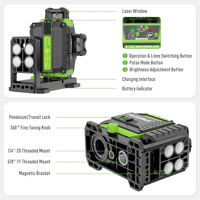 Huepar Laser Level 3 x 360 Self-Leveling Cross Line Laser 3D Green Laser Level with Pulse Mode Alignment Laser Tool with Rechargeable Li-ion Battery, Integrated Magnetic Bracket, Hard Carry Case 703CG