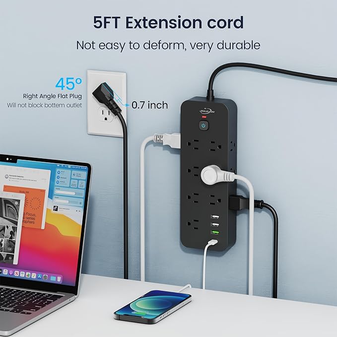 Surge Protector Power Strip with USB Ports, 14 AC Outlets with 4 USB Ports (1 USB C), 5 Feet Cord with Multiple outlets, 1875W/15A, One Touch Switch Button, Wall Mountable for Home, Office-Black