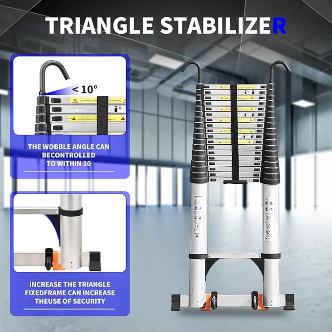JADDUO Telescoping Ladder,27.9 FT Extension Ladder,Aluminum Lightweight Telescopic Ladder with 2 Triangle Stabilizers, Telescoping Attic Ladders RV Ladders for Travel