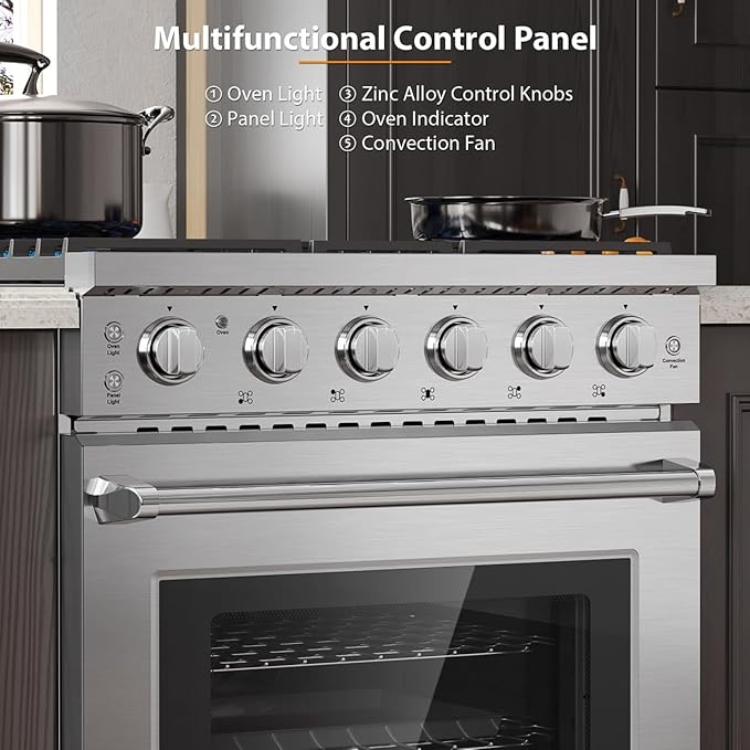 Empava Slide-in & Freestanding Gas Range Stove,4.55 Cu. Ft. Convection Oven Capacity with Mechanical Knobs Control-Heavy Duty Cast Iron Grates 5 Sealed Burners Cooktop, Stainless Steel,30 Inch