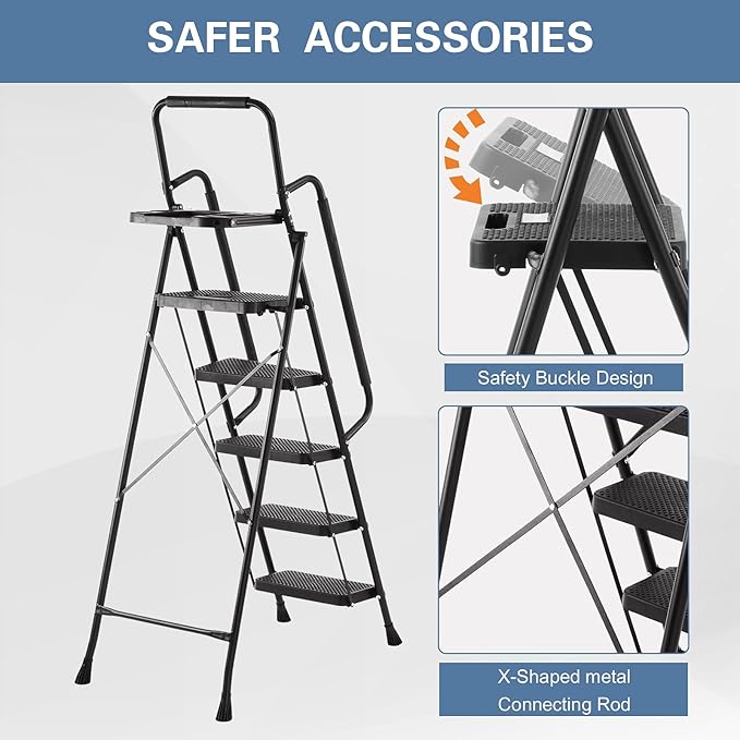 Nazhura Foldable 5 Step Stool Ladder,300 Lb Weight Limit Folding 5 Stepping Ladder for Kitchen, with Wide Anti-Slip Pedal, Sturdy Steel Ladder, Convenient Handrail, Lightweight (5 Step)