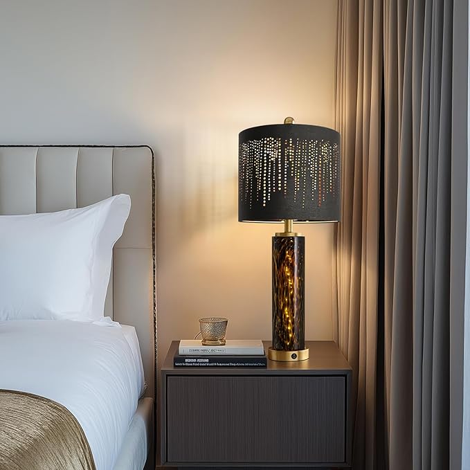 Oneach 27.75" Modern Table Lamps Set of 2, Gold Bedside Lamp with Leopard Glass Nightlight, USB A+C, Black Crystal Shade, Unique Desk Lamps for Living Room, Bedroom, Nightstand (2 Bulbs Included)