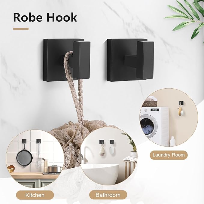 TQKAG 5-Pieces Matte Black Bathroom Hardware Accessories Set 23.6" SUS304 Stainless Steel Towel Bar Set Wall Mounted Square Toilet Paper Holder with Shelf