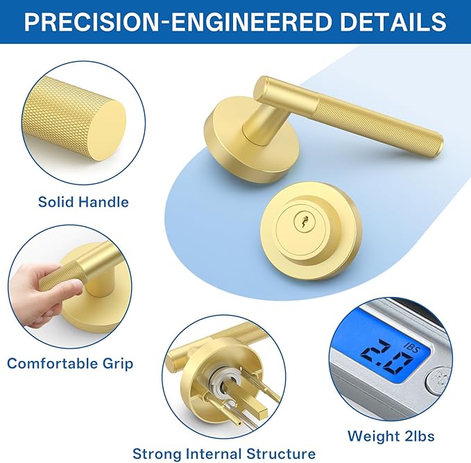 Amerdeco Front Door Lock Set with Double Cylinder Deadbolt, Exterior Entry Door Lever, Heavy Duty Entry Door Locksets for Left or Right Hand Exterior Door（Brushed Gold 1 Pack）