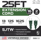 Iron Forge Cable Weatherproof Outdoor Extension Cord 25 ft, 13 Amp Green Extension Cord with 2 Prong Polarized Plug, SJTW 16 AWG Power Cable for Outdoor & Indoor Decorations - US Veteran Owned