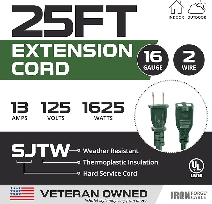Iron Forge Cable Weatherproof Outdoor Extension Cord 25 ft, 13 Amp Green Extension Cord with 2 Prong Polarized Plug, SJTW 16 AWG Power Cable for Outdoor & Indoor Decorations - US Veteran Owned
