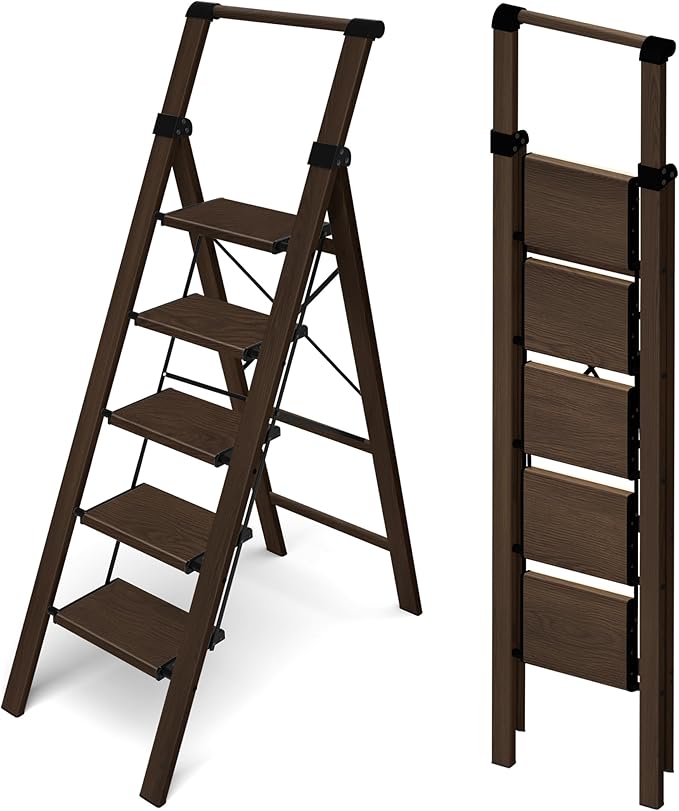 HillhutApex 5 Step Foldable Aluminum Step Ladder with Handgrip, Anti-Slip Pedal, 330lbs Capacity, Lightweight & Portable for Home, Kitchen, Office, Garage (Walnut)