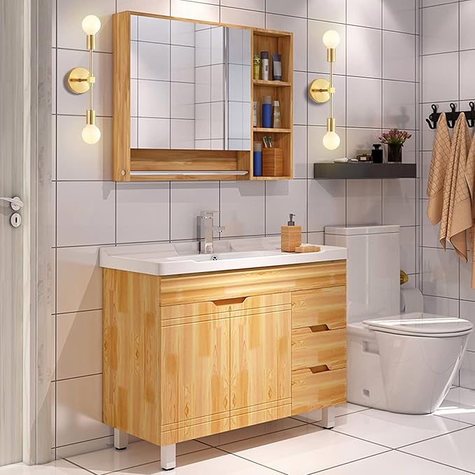 Brushed Brass Wall Sconce 2 Lights Bathroom Vanity Modern Industrial Wall Lamp Wall Mount Lighting Fixture（Gold Color）