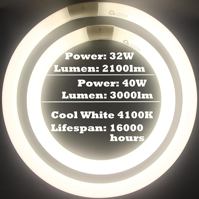 FC16T9/CW 40W & FC12T9/CW 32W Cool White Set, 16 inch T9 40 Watts & 12 inch 32 Watts Round Fluorescent Light Bulb, Circular Bulb Kitchen and Bath, 841 4100K, G10q 4 pin Prong