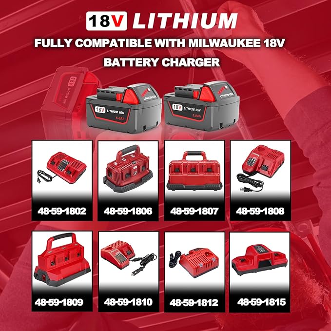 2pack 6.0Ah 18v Battery Replacement for Milwaukee m18 Battery 48-11-1850 48-11-1860, Compatible with Milwaukee M18 Cordless Power Tools,15C Discharge Rate