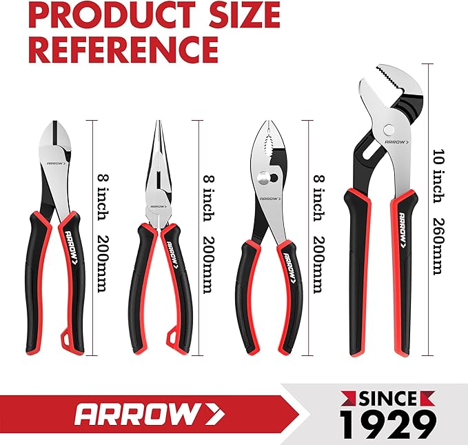 ARROW 4-Piece Pliers Set, Includes 8 Inch Diagonal, Long Nose, Slip Joint, 10 Inch Groove Joint Pliers, Ergonomic Anti-slip Handle, for Basic Repair