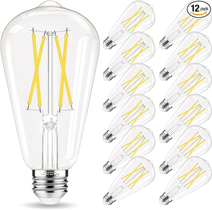 Edison Bulbs 60 watt Equivalent LED, E26 LED Bulb Non-Dimmable, 4000K Daylight White, ST58 Vintage Light Bulbs, 90+ CRI, 6W 600LM, E26 Medium Base, Clear Glass, 12 Pack