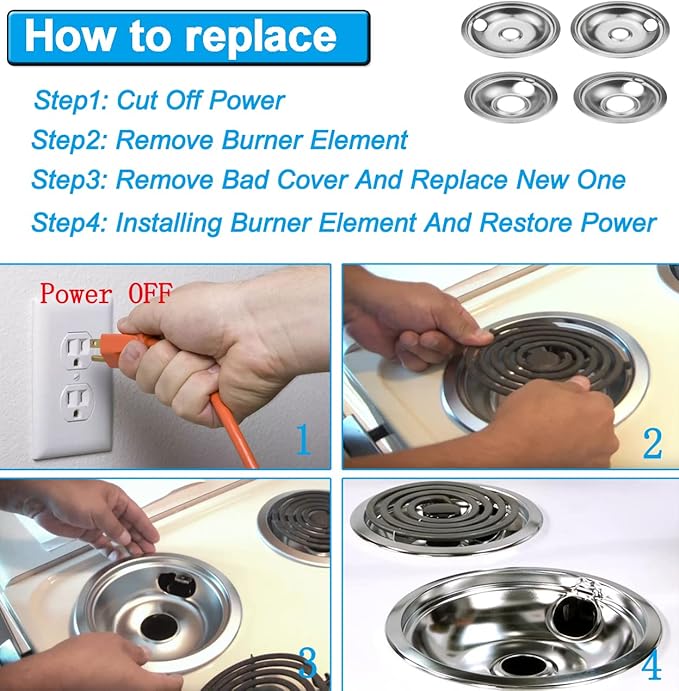 Drip Pan Electric Stove Burner Covers for Whirlpool W10278125, 4 Pack(2x6" and 2x8")