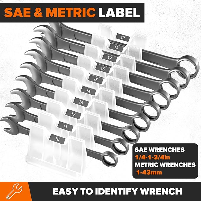 40PCS Modular Wrench Organizer Wrench Holder - Wrench Tool Organizers for Tool Drawer Storage, Wrench Storage Set with Metric & SAE Label, Wrench Rack Tool Gift for Professional Mechanics,Transparent
