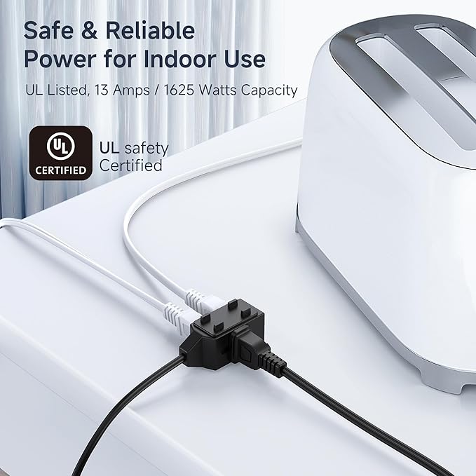 Cable Matters [UL Listed] 2-Pack 16 AWG 2 Prong Extension Cord 10 ft, 13A 3-Outlet Extension Cords with Tamper Guard, 13 Amp, 1625 Watts, Black