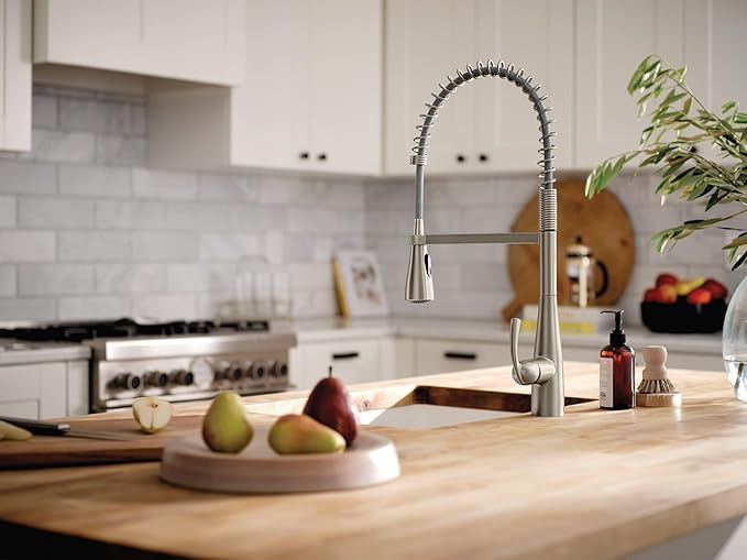 Moen Essie Spot Resist Stainless One-Handle High Arc Pre-Rinse Spring Pulldown Kitchen Faucet with Power Clean and Soap Dispenser, 87814SRS