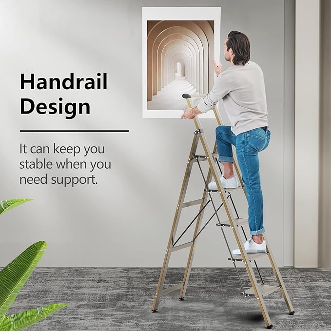 GameGem 5 Step Ladder for 10 Feet High Ceiling, Lightweight Aluminum Folding Step Stool with Convenient Handgrip, Stepladders with Anti-Slip and Wide Pedal for Home Use Space Saving - Gold