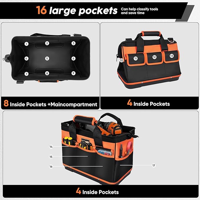 16 Inch Tool Bag Heavy Duty Tool Box Organizer, Portable Tool Organizers and Storage Bag, Tactical Toolbox with Anti-Slip Base & Adjustable Strap for Electrician, DIYer, HVAC, Mechanic