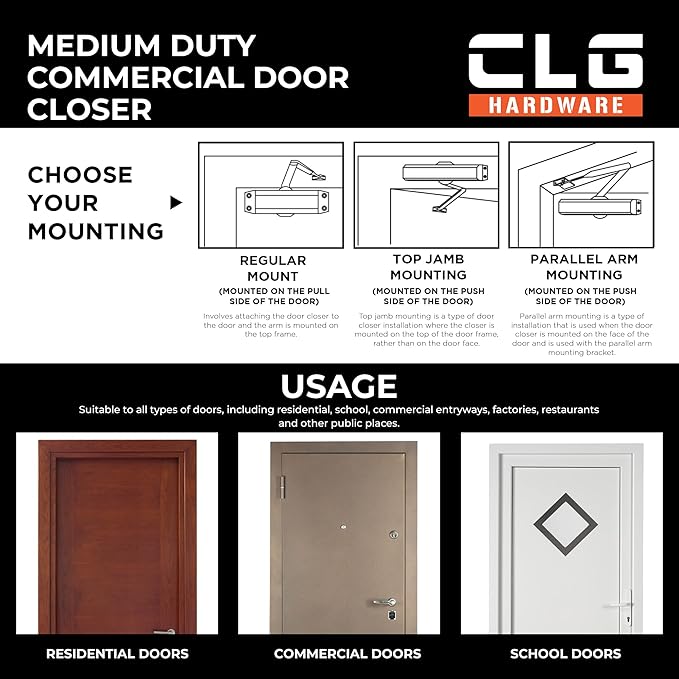 CLG HARDWARE DC6003 Medium Duty Commercial Door Closer - Surface Mounted, Automatic Door Closer, Cast Aluminum, UL 3 Hour Fire Rated, Size 3 for Residential & Light Commercial Doors- US10B Dark Bronze