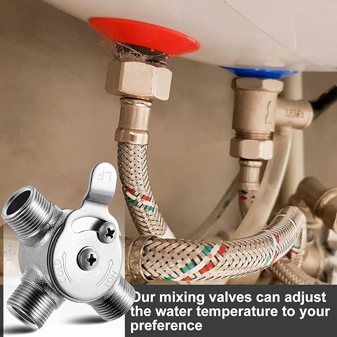 2 Pcs 1/2" Manual Mixing Valve Hot Cold Water Temperature Mixer Thermostatic Mixing Valve for Home and Bathroom Below Deck to Adjust Water Temperature, 4 Braided Faucet Connector Included
