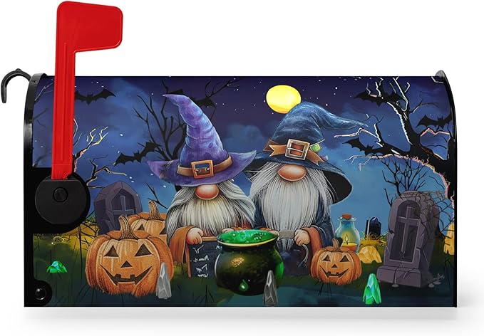 Halloween Gnome Pumpkins Magnetic Mailbox Covers Large Size 25.5x21 Inches Halloween Moon Night Mailbox Wraps Letterbox Covers Garden Yard Home Decor for Outdoor
