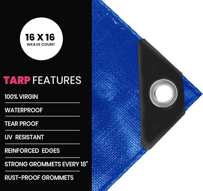 PROTARP Extreme Heavy Duty 22 Mil Tarp Cover, Waterproof, UV Resistant, Rip and Tear Proof, Poly Tarpaulin with Reinforced Edges for Roof, Camping, Patio, Pool, Boat. (Blue 40′ X 40′)