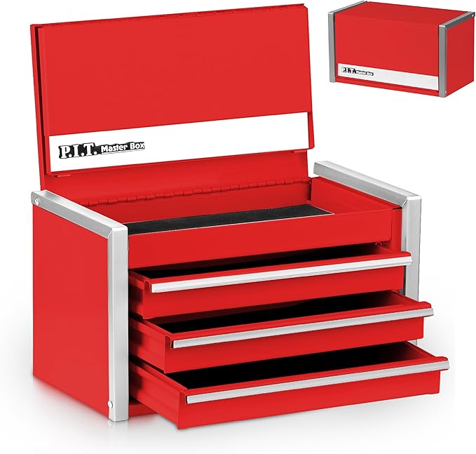 P.I.T. Mini Red Tool Box, Portable 3 Drawer Steel Stackable Tool Box with Magnetic Tab Locking, Red Micro Top Chest with Liner for Tools Storage and Organizers, Home DIY