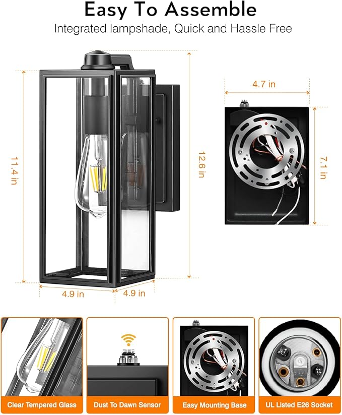 VIANIS Outdoor Wall Light Fixtures,Dusk to Dawn Outdoor Wall Lanterns,Anti-Rust Wall Mounted Lighting with Glass Shade, Black Wall Lamp with E26 Socket for Porch, 2 Pack