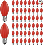 50 Pack C7 Red Christmas Light Bulbs, 5W Ceramic Incandescent Replacement Bulbs for Outdoor String Lights, C7 Christmas Night Light Bulbs for Porch Patio Garden Holiday Decor, E12 Intermediate Base