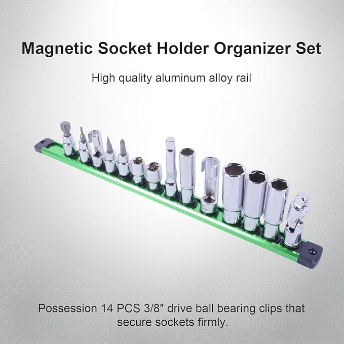 Magnetic Socket Holder Organizer Set:3/8-Inch Drive Socket Trays Socket, 360° Swivel 14 Clips Socket Holder Kit, For Automotive Mechanic Garage (Green)