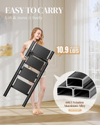 GameGem 4 Step Ladder, Folding Step Stool with Wider Pedal, Anti-Slip Feet & Non Slip Stripes, Aluminum Sturdy Material, 300Lbs Capacity, Elegant Look of Piano Black Better Matches Your Home