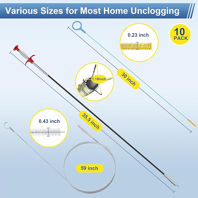 Drain Snake Clog Remover Tool: 5 × 30 Inch Sink Snake + 1 × 35.5 Inch Drain Cleaner Tool + 4 × 59 Inch Tube Drain Brush for Shower, Toilet, Bathroom Sink & Tub (10 Pack)