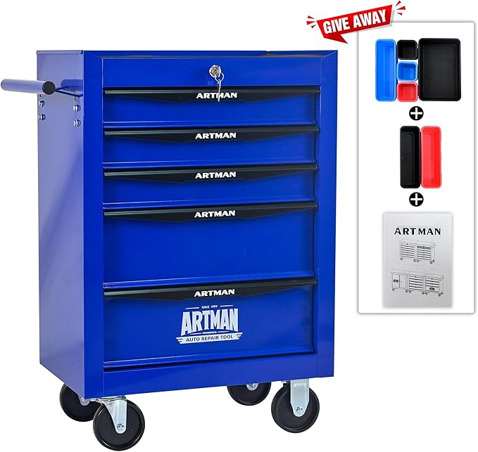 5-Drawer Steel Rolling Tool Cart with Wheels & Handle, Heavy-Duty Tool Chest Storage Cabinet for Garage and Workshop