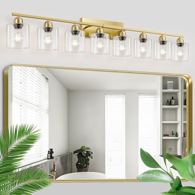 Modern Brushed Gold 8 Light Bathroom Light Fixtures, 52 inch Vanity Lights for Bathroom with Clear Glass for Mirror Kitchen Living Room Hallway Cabinet Porch