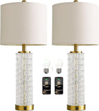 Oneach 27.75” Table Lamps Set of 2, Gold Modern Bedside Lamp with LED Night Light, USB A+C, Glass Lamps for Living Room, Bedroom, Nightstand, Office, End Table (2 Bulbs Included)