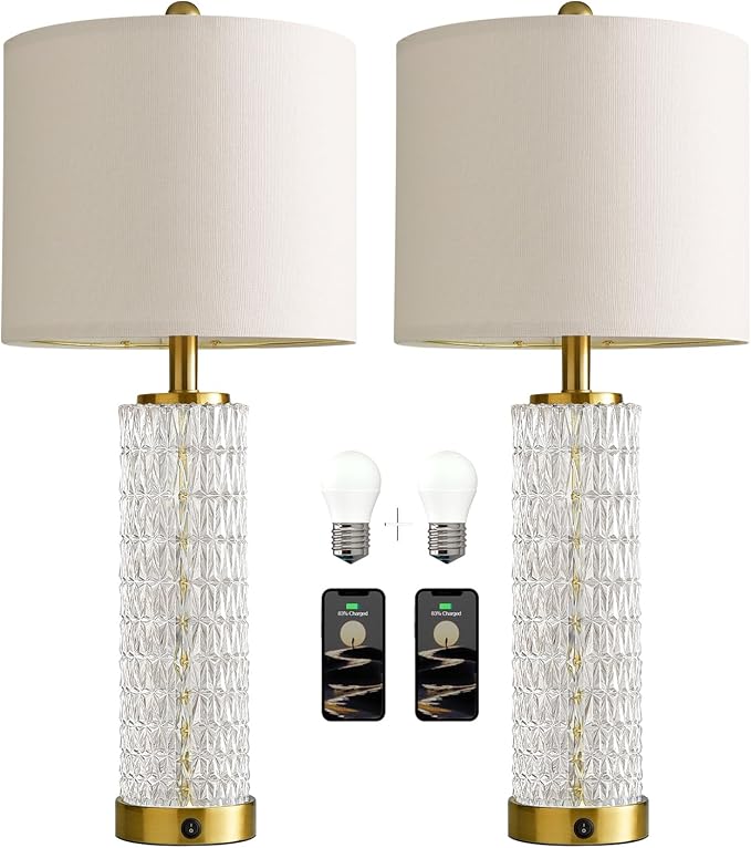 Oneach 27.75” Table Lamps Set of 2, Gold Modern Bedside Lamp with LED Night Light, USB A+C, Glass Lamps for Living Room, Bedroom, Nightstand, Office, End Table (2 Bulbs Included)