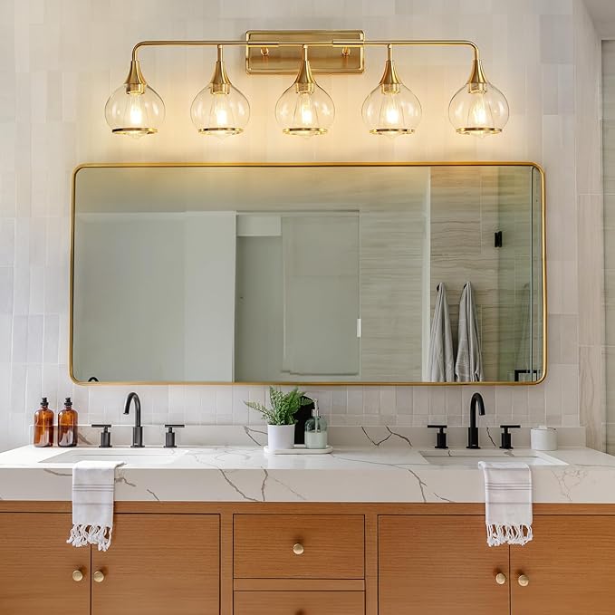 Gold Bathroom Vanity Light 5-Lights Bathroom Light Fixtures Over Mirror with Clear Glass Shade 39.2 inch Wall Sconce Lighting Bath(Exclude E26 Bulb)