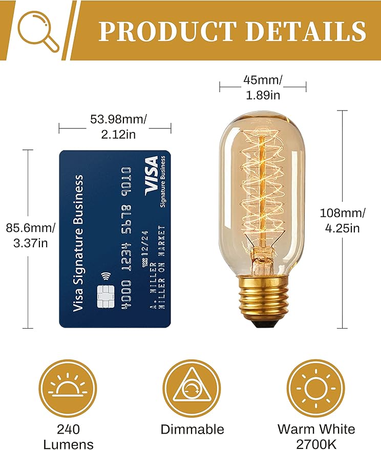 DORESshop Edison Bulbs, Vintage Edison Light Bulbs 40 Watt, T45, 110-130 Volts, E26/E27 Base Incandescent Dimmable Decorative Antique Filament Light Bulbs, Amber Glass, Warm White, 4 Pack